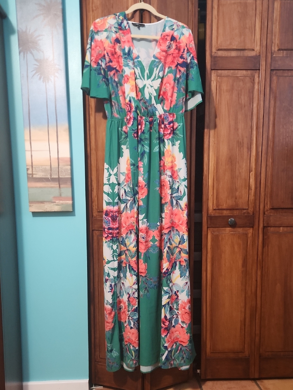 Lulu's Green Floral Wrap Maxi Dress with Coral & White Blooms